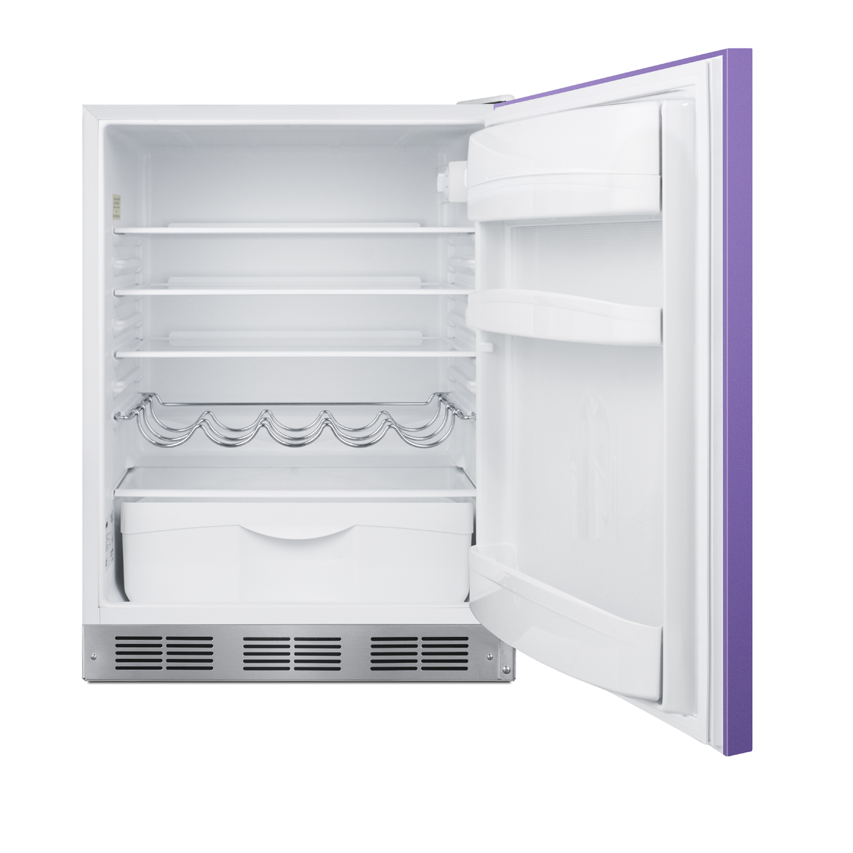 24 in. wide ADA height all-refrigerator for residential use, auto defrost with an lavender purple door, stainless steel handle, and white cabinet